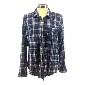 FREE PEOPLE Blue Plaid Button Down Crinkle Shirt L